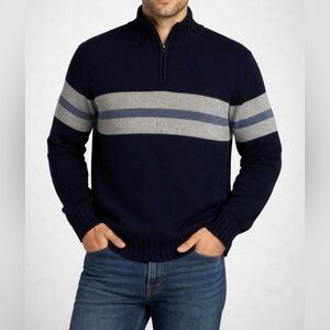 GAP Men’s Navy Striped Half Zip 100% Lamb's Wool Sweater Classic Preppy Large